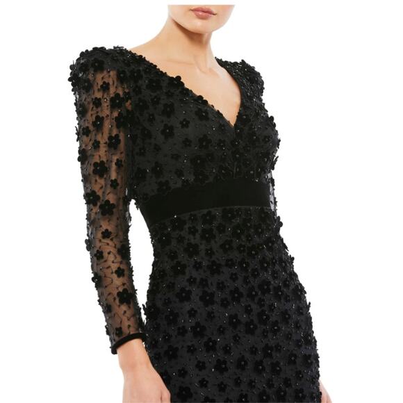 Mac Duggal 18 black Embellished V Neck Illusion Long Sleeve Column Midi dress - Picture 1 of 7